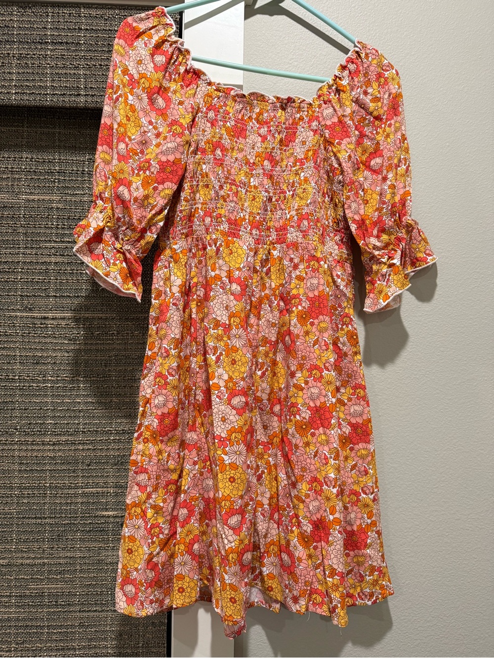 NWOT Haven Heart Floral Smocked Puff-Sleeve Dress in Pink & Yellow